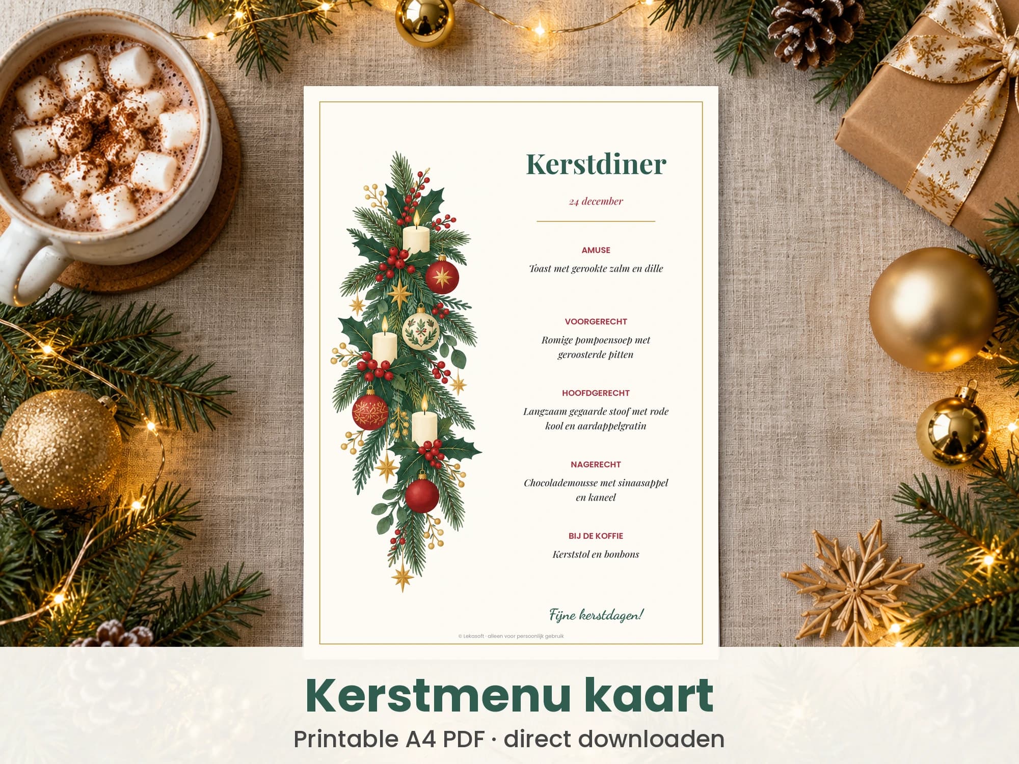 Kerstmenu printable menukaart